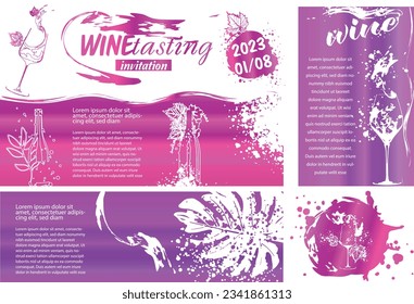 Collection of wine glasses and bottles - Wine Designs. Sketch vector illustration. Hand drawn elements for invitation cards, advertising banner and menu cards. Wine glasses with splashing wine.