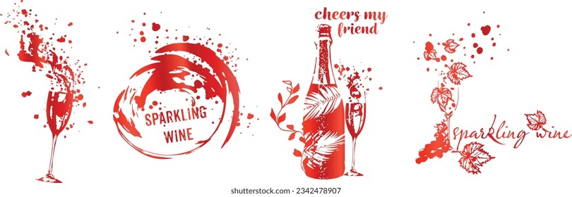 Collection of wine glasses and bottles - Wine Designs. Sketch vector illustration. Hand drawn elements for invitation cards, advertising banner and menu cards. Wine glasses with splashing wine.
