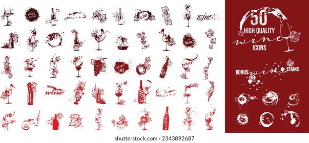 Collection of wine glasses and bottles - Wine Designs. Sketch vector illustration. Hand drawn elements for invitation cards, advertising banner and menu cards. Wine glasses with splashing wine.