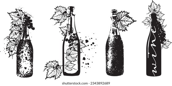 Collection of wine glasses and bottles - Wine Designs. Sketch vector illustration. Hand drawn elements for invitation cards, advertising banner and menu cards. Wine glasses with splashing wine.