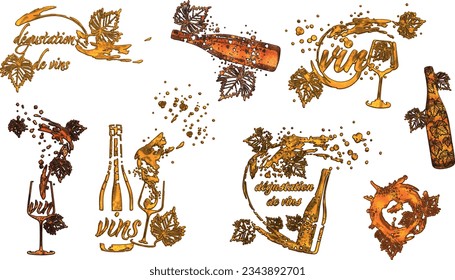 Collection of wine glasses and bottles - Wine Designs. Sketch vector illustration. Hand drawn elements for invitation cards, advertising banner and menu cards. Wine glasses with splashing wine.