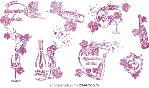 Collection of wine glasses and bottles - Wine Designs. Sketch vector illustration. Hand drawn elements for invitation cards, advertising banner and menu cards. Wine glasses with splashing wine.