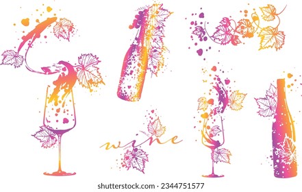 Collection of wine glasses and bottles - Wine Designs. Sketch vector illustration. Hand drawn elements for invitation cards, advertising banner and menu cards. Wine glasses with splashing wine.
