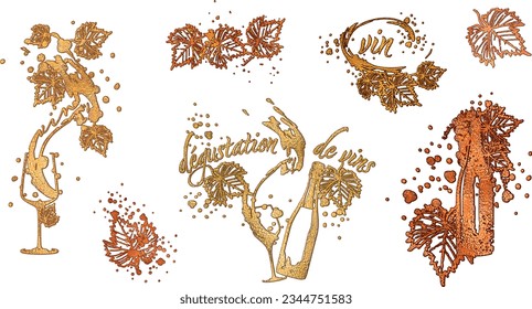 Collection of wine glasses and bottles - Wine Designs. Sketch vector illustration. Hand drawn elements for invitation cards, advertising banner and menu cards. Wine glasses with splashing wine.