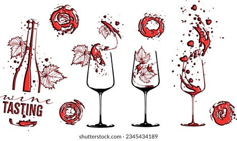 Collection of wine glasses and bottles - Wine Designs. Sketch vector illustration. Hand drawn elements for invitation cards, advertising banner and menu cards. Wine glasses with splashing wine.