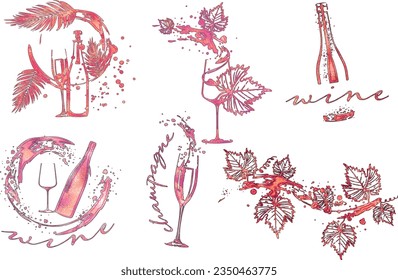 Collection of wine glasses and bottles - Wine Designs. Sketch vector illustration. Hand drawn elements for invitation cards, advertising banner and menu cards. Wine glasses with splashing wine.