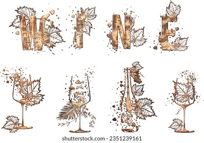 Collection of wine glasses and bottles - Wine Designs. Sketch vector illustration. Hand drawn elements for invitation cards, advertising banner and menu cards. Wine glasses with splashing wine.