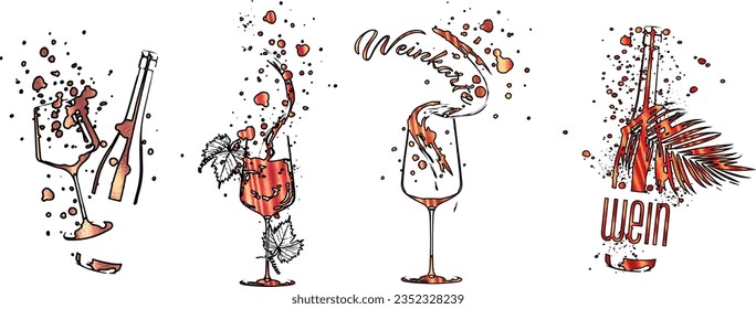 Collection of wine glasses and bottles - Wine Designs. Sketch vector illustration. Hand drawn elements for invitation cards, advertising banner and menu cards. Wine glasses with splashing wine.