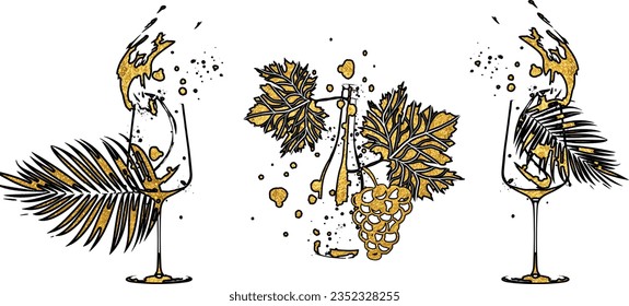 Collection of wine glasses and bottles - Wine Designs. Sketch vector illustration. Hand drawn elements for invitation cards, advertising banner and menu cards. Wine glasses with splashing wine.