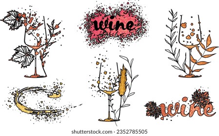 Collection of wine glasses and bottles - Wine Designs. Sketch vector illustration. Hand drawn elements for invitation cards, advertising banner and menu cards. Wine glasses with splashing wine.