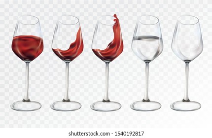 Collection wine glasses empty and water with glasses.Splashes red wine and water. 3D realistic transparent wine glasses. Vector illustration