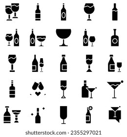 collection of wine icons, such as wine, cheese, barrel, bottle, glass