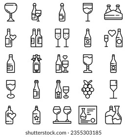 collection of wine icons, such as wine, cheese, barrel, bottle, glass