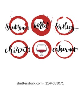 Collection of wine lettering sorts on stamps of glasses. Unique vector art