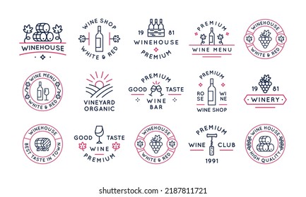 Collection of wine logos. Set of 15 trendy icons for wineries, wine houses, vineyards. Wine barrels, bottles, glass, grapes. Vector illustration