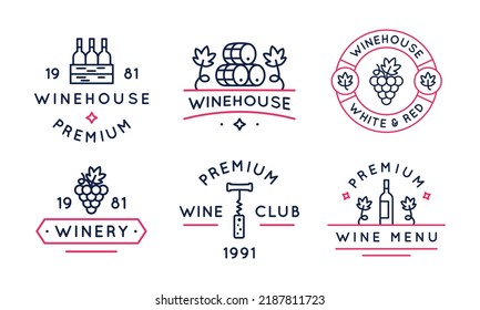 Colección de logotipos de vino. Conjunto de 6 íconos de moda para bodegas, bodegas y viñedos. Barriles de vino, botellas, vidrio, uvas. Ilustración del vector