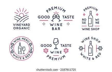 Colección de logotipos de vino. Conjunto de 6 íconos de moda para bodegas, bodegas y viñedos. Botellas de vino, vidrio. Ilustración del vector