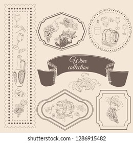 Collection of wine product elements in frame. Hand drawn sketch objects in vitage style. Vector illustration.