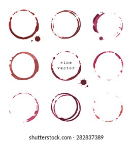 Collection of wine round stains and blots on white background