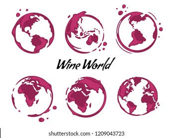 Colección de manchas redondas de vino en forma de mapa mundial o globo.Todos los continentes: Norte, Sudamérica, Europa, Asia, África, Australia.Gotas derramadas y salpicaduras en fondo blanco.Ilustración vectorial