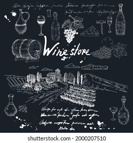 Colección de productos de la tienda de vinos y escenas hechas a mano por viñedos. Uvas, cañón de madera, botellas, queso, vidrio, corkbolt vintage estilo texto ilegible. Fondo negro de la ilustración del vector