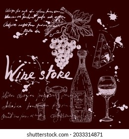 Kollektion Weinlager Produkte und Weinberg handgezeichnet. Trauben, Flaschen, Käse, Glas, Korkenzieher Vintage Stil unleserlich Text. Vektorgrafik, schwarzer Hintergrund