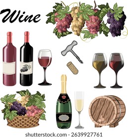 Collection of winemaking elements.Vector illustration with grapes, bottles, glasses and other elements for winemaking.