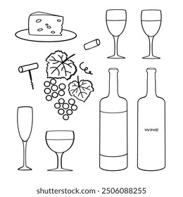 A collection of wine-related elements featuring glasses, bottles, corks, and cheese on a light background