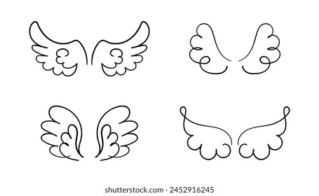 Collection of Wings. Angel wings doodle hand drawn sketch icons. Bird symbols. Wing sketch tattoo, feather falcon contour. Set of Vector  illustration isolated on white background 