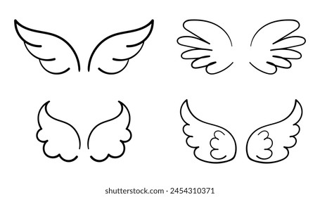 Collection of Wings. Angel wings doodle hand drawn sketch icons. Bird symbols. Wing sketch tattoo, feather falcon contour. Set of Vector  illustration isolated on white background 