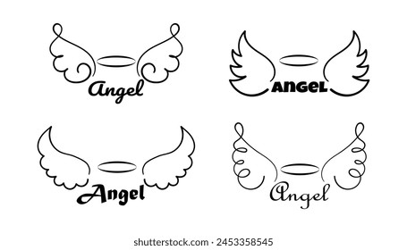 Collection of Wings and  Angel lettering with aureole. Doodle hand drawn sketch icons. Wing and halo nimbo sketch tattoo contour. Set of Vector illustration isolated on white background