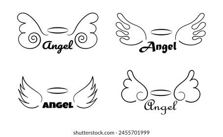 Collection of Wings and  Angel lettering with aureole. Doodle hand drawn sketch icons. Wing and halo nimbo sketch tattoo contour. Set of Vector illustration isolated on white background