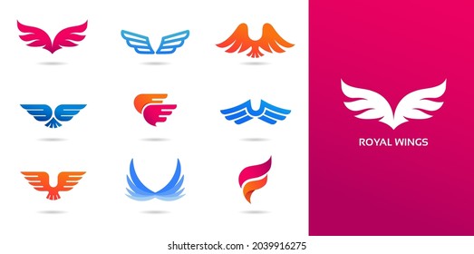 Collection of wings logos, icons and symbols. Fast delivery, motion and speed concept.