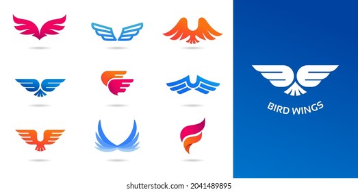 Collection of wings logos, icons and symbols. Fast delivery, motion and speed concept.