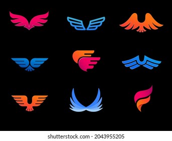 Collection of wings logos, icons and symbols. Fast delivery, motion and speed concept.