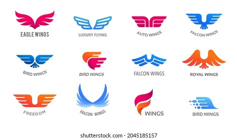 Collection of wings logos, icons and symbols. Fast delivery, motion and speed concept.