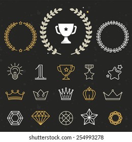 Collection of winner awards and victory signs - set of line icons and design elements for badges and labels