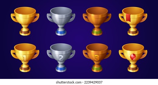 Collection of winner cups made of gold, silver and bronze metal, decorated with ranking numbers, red ribbons and gemstones. Cartoon vector illustration of game trophies isolated on dark background