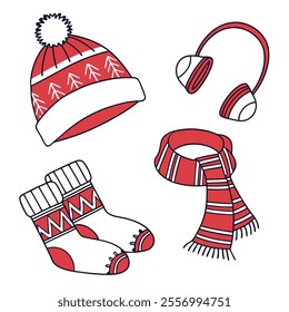 A collection of winter accessories including a hat, scarf, socks, and earmuffs.