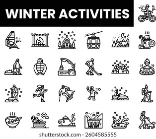 A collection of winter activities icons in a minimalist line art style.