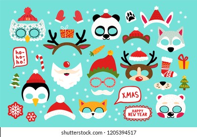 Collection of winter animal masks and Christmas photo booth props for kids. Cute cartoon masks and elements for a party.
