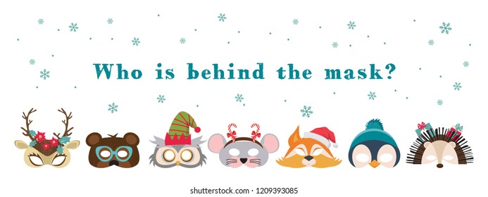 Collection of winter animal masks and Christmas photo booth props for kids. Cute cartoon masks and elements for a party. Christmas party banner template. vector illustration