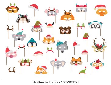 Collection of winter animal masks and Christmas photo booth props for kids. Cute cartoon masks and elements for a party. vector illustration