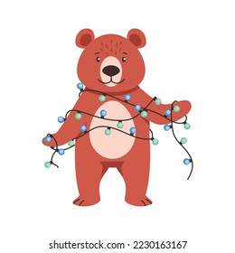 Collection of winter animals. Cute bear got tangled in garland.