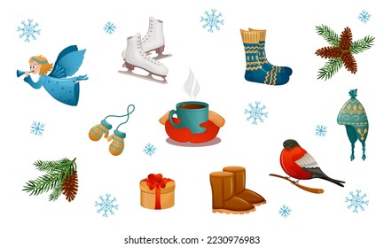 Collection of winter attributes, winter elements. Vector set of winter icons or stickers, winter postcard.