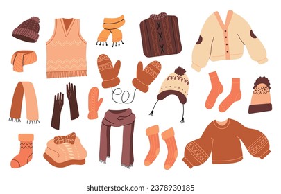 Collection of winter autumn cozy clothes and outerwear isolated on white background - woolen jumper, cardigan, socks, scarf, hat, mittens. Bundle of seasonal clothing. Colorful vector illustration.