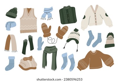 Collection of winter autumn cozy clothes and outerwear isolated on white background - woolen jumper, cardigan, socks, scarf, hat, mittens. Bundle of seasonal clothing. Colorful vector illustration.