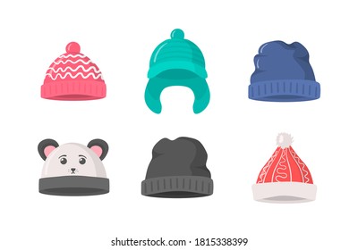 Collection of winter or autumn hats in flat style. Knitted hat, caps for girls and boys in cold weather isolated on white background. Web page design element icon. Vector illustration, eps 10.