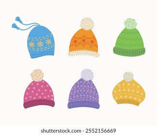 A collection of winter or autumn hats in a flat style. Knitted hats for girls and boys in cold weather on a white background. The icon of the web page design element. Vector illustration