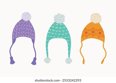 A collection of winter or autumn hats in a flat style. Knitted hats for girls and boys in cold weather on a white background. The icon of the web page design element. Vector illustration